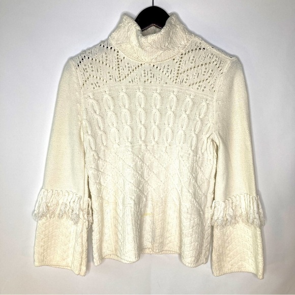 WHBM Women's Ivory Mock Neck Embellished Fringed Cable Knit Sweater Size Small - Picture 1 of 11